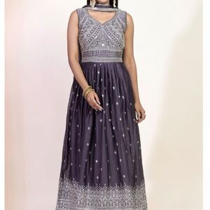 Dark Grey Zari Sequin Embroidered Anarkali Kurta Set With Pants And Dupatta XL